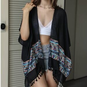 Geometric Embroidered Kimono - Black Tassel Cardigan